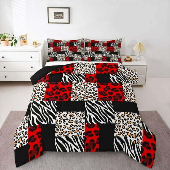 Manfei Teens Animal Zebra Leopard Print 3-Piece Full Size Comforter Sets,Black Red White Bedding Comforter Set,Geometric Plaid Lightweight Bedding Sets,Luxury Bedroom Decor,Reversible