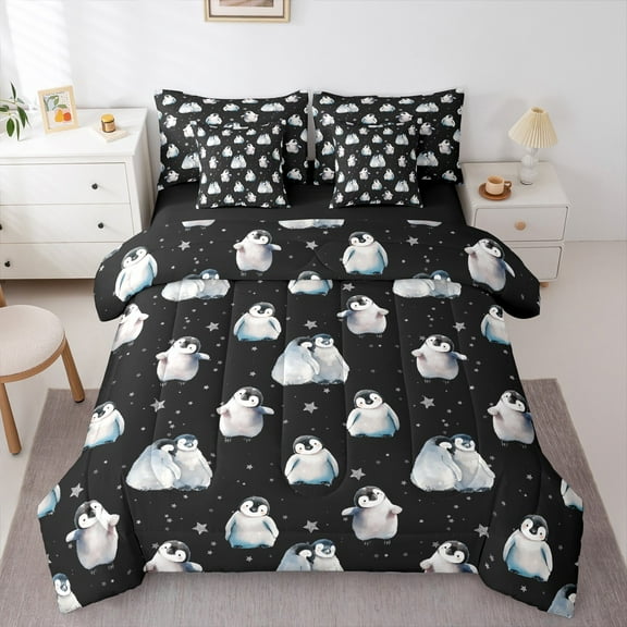 Manfei Teens Antarctic Penguin Bedding Comforter Set 7-Piece, Mystic Stars Print King Bedding Sets, Black Cartoon Style Reversible Bed Sheets, Ultra Soft Home Decor