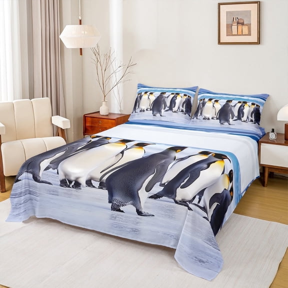 Manfei Teens Antarctic Penguin Queen Sheet Sets, 3D Animal Flat Sheet, Kawaii Wildlife Queen Fitted Sheet, Microfiber Bedroom Decor, 4 Pieces