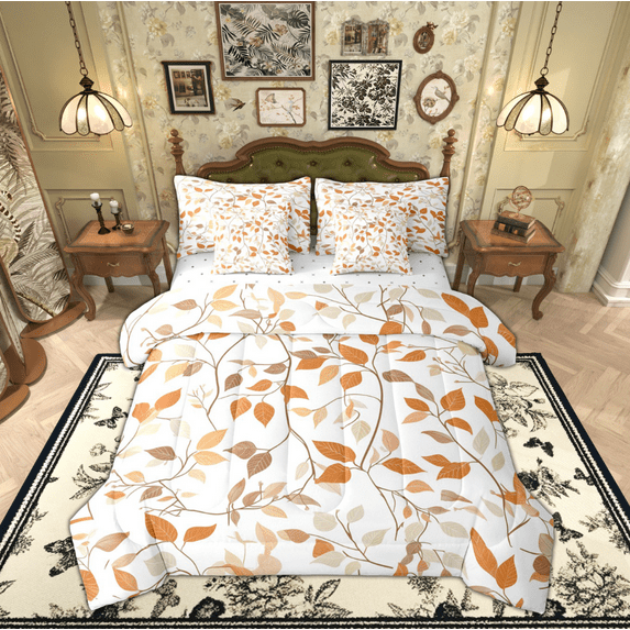 Manfei Teens Autumn Leaf Twin Bedding Sets 7-Piece, Farmhouse Plant Botanical Bedding Comforter Set, Vintage Fashion Style Reversible Sheet Sets, Ultra Soft Home Decor