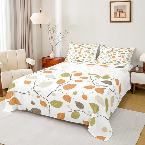 Manfei Teens Autumn Leaf Twin Sheet Sets, Farmhouse Plant Botanical Twin Fitted Sheet, Vintage Fashion Style Flat Sheet, Breathable Home Decor, 3 Pieces