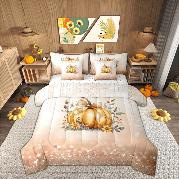 Manfei Teens Autumn Pumpkin Twin Bedding Sets 7-Piece, Vintage Princess Ribbon Bow Bedding Comforter Set, Fashion Sequin Print Reversible Sheet Sets, Luxury Bedroom Decor