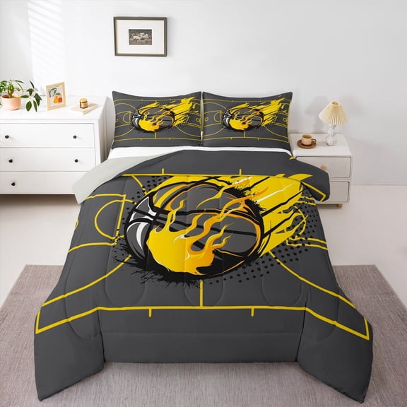 Manfei Teens Ball Game Bedding Comforter Set,Basketball Sports Twin Comforter Sets,Yellow Flame Bedding Set For Boys Kids,Microfiber Bedroom Decor Reversible,2pcs