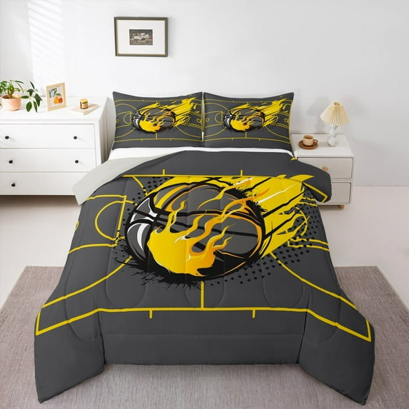 Manfei Teens Ball Game Full Size Comforter Sets,Basketball Sports Bedding Comforter Set,Yellow Flame Bedding Sets For Boys Kids,Microfiber Bedroom Decor Reversible,3-Piece