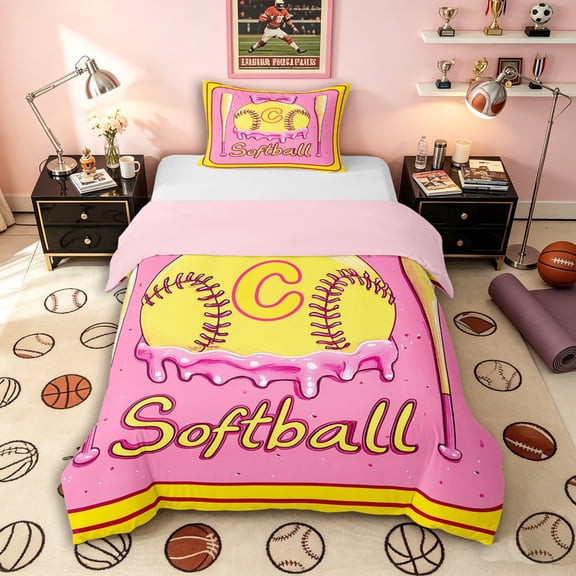 Manfei Teens Baseball Gaming Letter C Monogrammed Twin Bedding,Girls Boys Sport Softball Gamer Duvet Cover Set,2pcs,No Comforter,Pink Reversible,Luxury Bedroom Decor