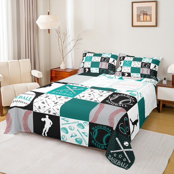 Manfei Teens Baseball Player Bed Sheets, Square Plaid King Sheets, Cartoon Sport Theme Sheet Set, Microfiber Bedroom Decor, 4 Pieces