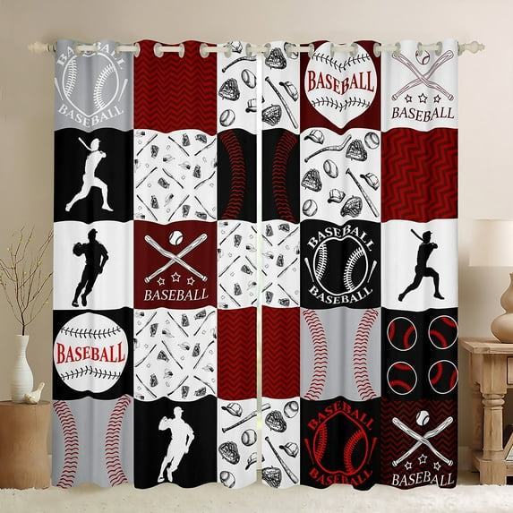 Manfei Teens Baseball Player Black Out Curtains, Square Plaid Curtains Pack of 2 (42x63 Each), Cartoon Sport Theme Bedroom Curtains, Curtains and Drapes Decor