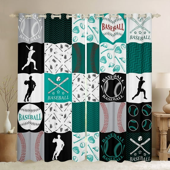 Manfei Teens Baseball Player Curtains Pack of 2 (42x84 Each), Square Plaid Curtains Blackout, Cartoon Sport Theme Bedroom Curtains, Curtains and Drapes Bedroom Decor