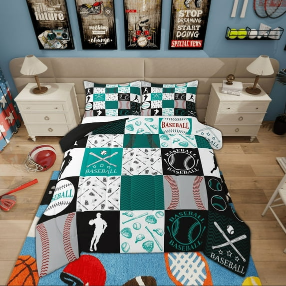 Manfei Teens Baseball Player Full Size Comforter Sets, Square Plaid Bedding Comforter Set, Cartoon Sport Theme Reversible Bedding Sets, Microfiber Bedroom Decor, 3 Pieces