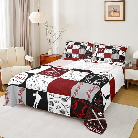 Manfei Teens Baseball Player Queen Sheet Sets, Square Plaid Flat Sheet, Cartoon Sport Theme Queen Fitted Sheet, Luxury Bedroom Decor, 4 Pieces