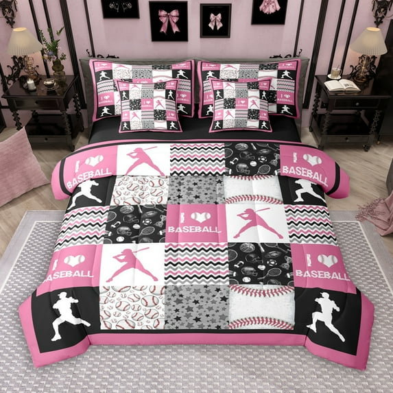 Manfei Teens Baseball Sports 7 Pieces Bedding Comforter Set, Cartoon Stars Print Full Bedding Set, Black Pink Patchwork Reversible Fitted Sheet Flat Sheet, Breathable Home Decor