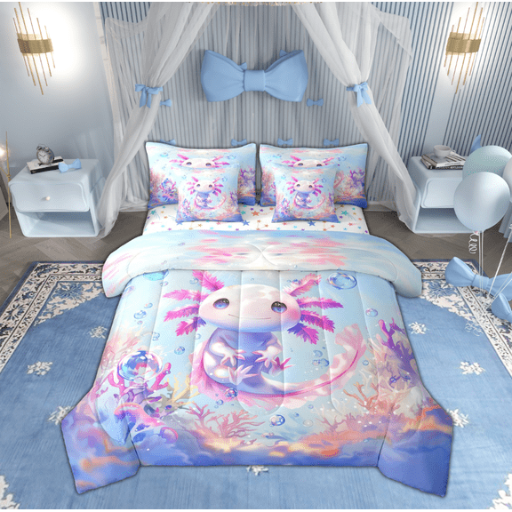 Manfei Teens Blue Axolotl Bedding Comforter Set 7-Piece, Kawaii Ocean Sealife King Bedding Sets, Marine Dreamy Coral Reversible Bed Sheets, Super Cozy Room Decor