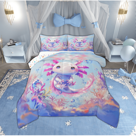 Manfei Teens Blue Axolotl Bedding Comforter Set, Kawaii Ocean Sealife Twin Comforter Sets, Marine Dreamy Coral Reversible Bedding Set, Super Cozy Room Decor, 2-Piece