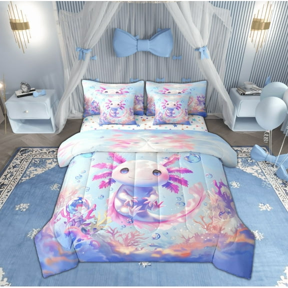 Manfei Teens Blue Axolotl Twin Bedding Sets 7-Piece, Kawaii Ocean Sealife Bedding Comforter Set, Marine Dreamy Coral Reversible Sheet Sets, Super Cozy Room Decor