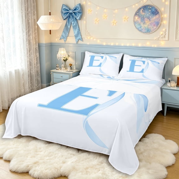 Manfei Teens Blue Bow Personalized Initial E Bed Sheets 4pcs,Kids Girls Romantic Princess Style Bowknot King Sheets,Microfiber Bedroom Decor