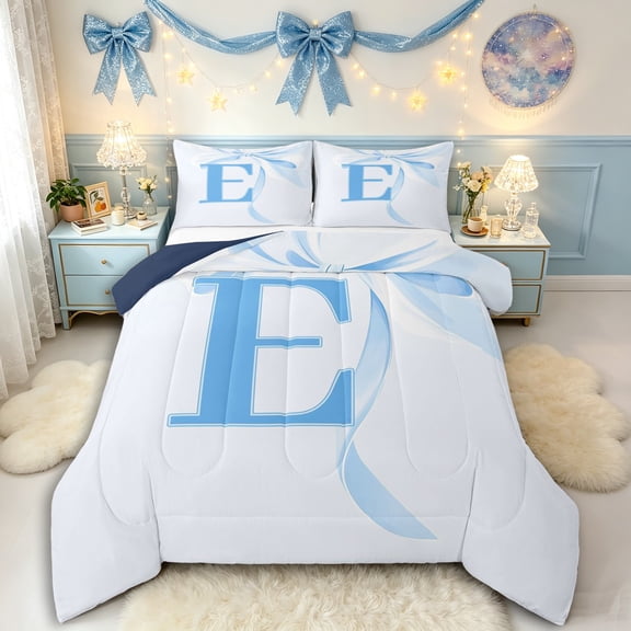 Manfei Teens Blue Bow Personalized Initial E Queen Comforter Set 3pcs,Kids Girls Romantic Princess Style Bowknot Bedding Comforter Set,Navy Blue Reversible,Microfiber Bedroom Decor