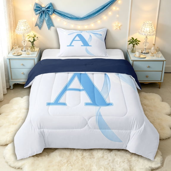 Manfei Teens Blue Bow Personalized Initial A Twin Comforter Sets 3-Piece,Kids Girls Romantic Princess Style Bowknot Bedding Set,Navy Blue Reversible,Lightweight Room Decor