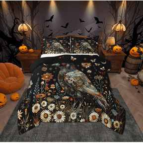 Manfei Teens Bohemian Crow Full Size Comforter Sets, Tribal Gothic Animal Bedding Comforter Set, Hippie Groovy Flower Reversible Bedding Sets, Microfiber Bedroom Decor, 3 Pieces