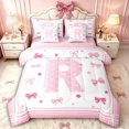 thumbnail image 1 of Manfei Teens Bow Knot R Personalized Initial Twin Bedding Sets 7-Piece,Ribbon Bow Cute Princess Bow Bedding Comforter Set for Girls Female,Pink Reversible,Breathable Home Decor, 1 of 7