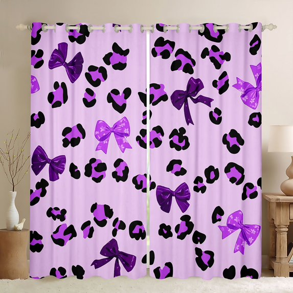Manfei Teens Bow Leopard Print Black Out Curtains,Black Purple Curtains Pack of 2 (42x63 Each),Kawaii Bowknot Bedroom Curtains,Luxury Bedroom Decor