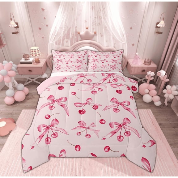Manfei Teens Bowknot Comforter Sets Twin Size, Cartoon Cherry Comforters & Duvets, Princess Style Reversible Bedding Twin Comforter Set, Ultra Soft Room Decor, 2 Pieces