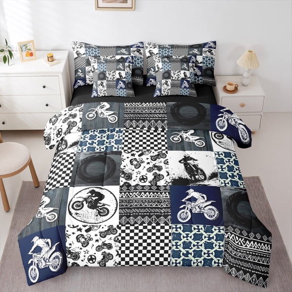 Manfei Teens Boys Motorcycle Motocross Bedding Comforter Set 7-Piece,Extreme Sport King Bedding Sets,Geometric Plaid Ultra Soft Bed Sheets,Microfiber Bedroom Decor,Reversible