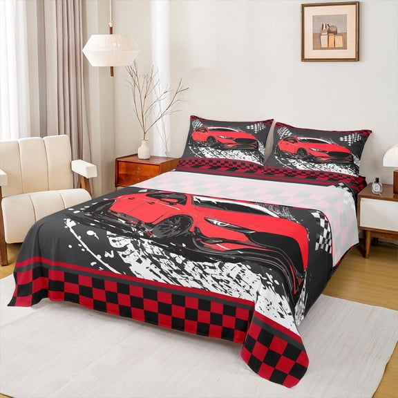 Manfei Teens Boys Racing Car Twin Sheet Sets 3pcs,Extreme Sport Twin Fitted Sheet Microfiber,Geometric Plaid Breathable Flat Sheet,Microfiber Bedroom Decor