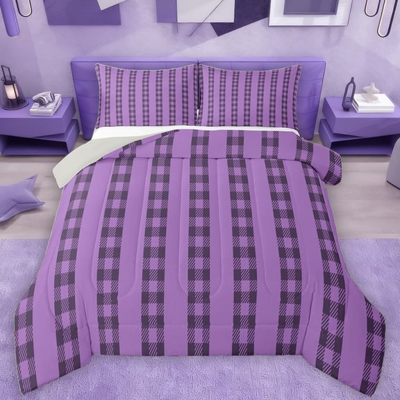 Manfei Teens Buffalo Plaid Queen Comforter Set, Fashion Purple Square Checkered Bedding Sets, Art Abstract Ombre Reversible Bedding Comforter Set, Microfiber Bedroom Decor, 3-Piece