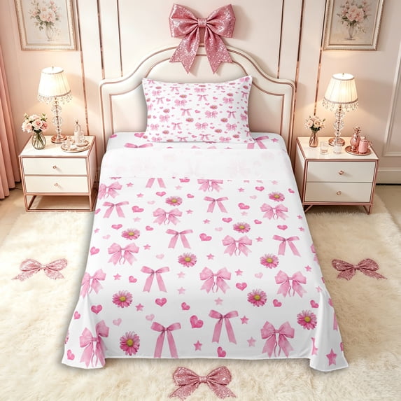 Manfei Teens Cartoon Bowknot Love Heart Print Twin Sheet Sets 3pcs,Girls Spring Garden Flowers Daisy Bedding,Breathable Home Decor