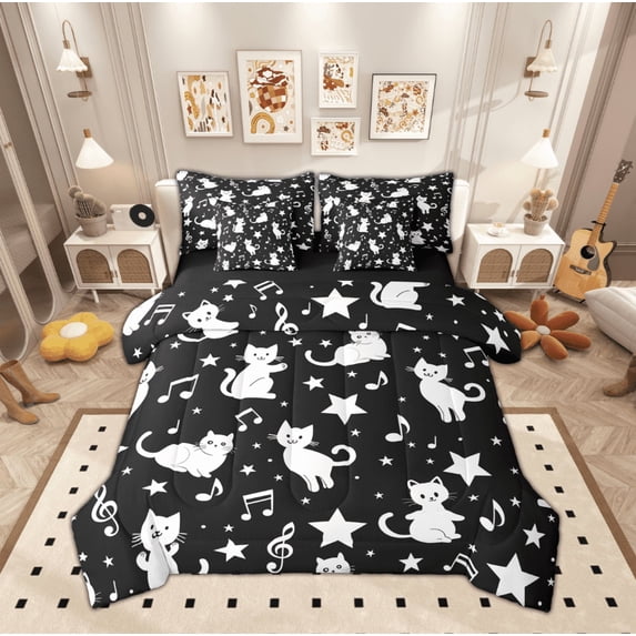 Manfei Teens Cartoon Cat Bedding Comforter Set 7pcs for Teen, Galaxy Stars Print Queen Bedding Sets, Kawaii Kitten Animal Reversible Queen Sheet Sets, Breathable Home Decor