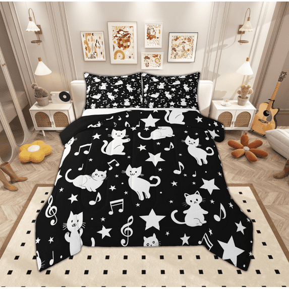 Manfei Teens Cartoon Cat Bedding Comforter Set for Teen, Galaxy Stars Print Twin Comforter Sets, Kawaii Kitten Animal Reversible Bedding Set, Breathable Home Decor, 2 Pieces