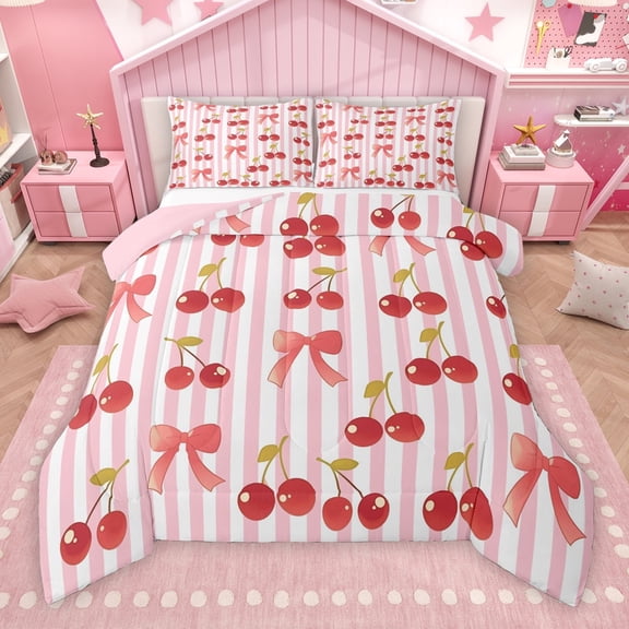 Manfei Teens Cartoon Cherry Queen Comforter Set, Kawaii Cute Bowknot Bow Bedding Sets, Red Abstract Stripes Ombre Reversible Bedding Comforter Set, Breathable Home Decor, 3 Pieces