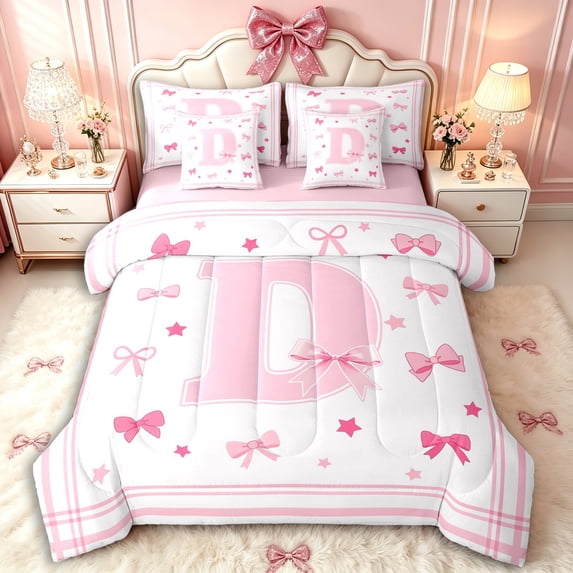 Manfei Teens Cartoon D Letter Monogrammed Twin Bedding Sets 7-Piece,Kids Girls Pink Bow Tie Stripes Bedding Comforter Set,Pink Reversible,Breathable Home Decor