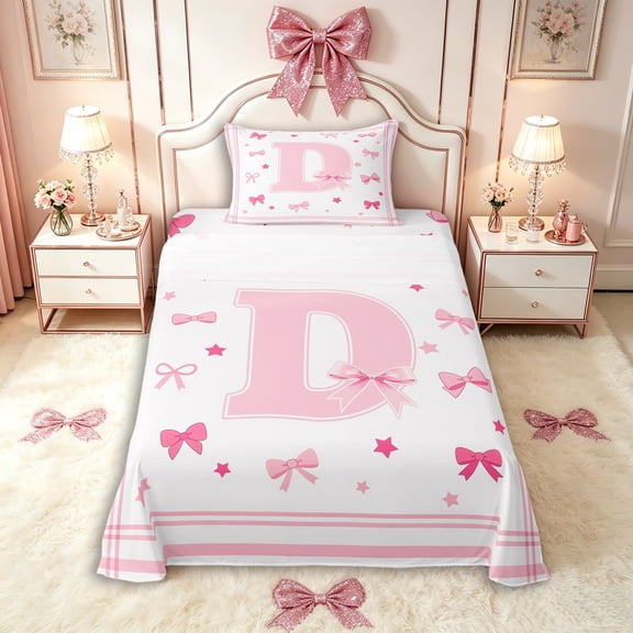 Manfei Teens Cartoon D Letter Monogrammed Twin Sheet Sets 3pcs,Kids Girls Pink Bow Tie Stripes Bedding,Breathable Home Decor