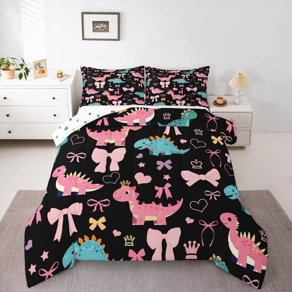 Manfei Teens Cartoon Dinosaur Bedding Comforter Set, Kawaii Animal Twin Comforter Sets, Rainbow Flower Reversible Bedding Set, Super Cozy Room Decor, 2-Piece