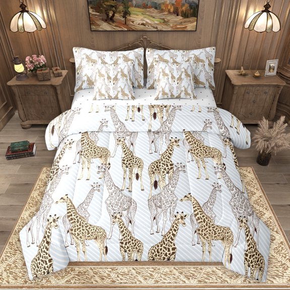 Homewish Teens Cartoon Giraffe Bedding Comforter Set 7pcs, Kawaii Wildlife King Bedding Sets, Chic Blue Stripes Abstract Reversible Bed Sheets, Microfiber Bedroom Decor