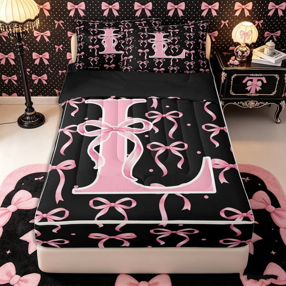 Manfei Teens Cartoon L Initial Zipper Full Size Comforter Sets with Fitted Sheet and 2 Pillowcases,Pink Polka Dots Zipper Bedding Set,4pcs,Black Reversible