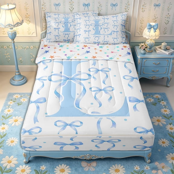 Manfei Teens Cartoon L Initial Zipper Full Size Comforter Sets with Fitted Sheet and 2 Pillowcases,Blue Polka Dots Zipper Bedding Set,4pcs,Reversible