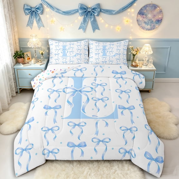 Manfei Teens Cartoon L Personalized Initial Queen Comforter Set 3pcs,Girls Kids Blue Polka Dots Bedding Comforter Set,Luxury Bedroom Decor