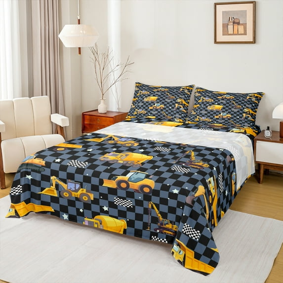 Manfei Teens Cartoon Truck Bed Sheets, Checkered Buffalo Plaid King Sheets, Construction Vehicle Sheet Set, Breathable Home Decor, 4-Piece