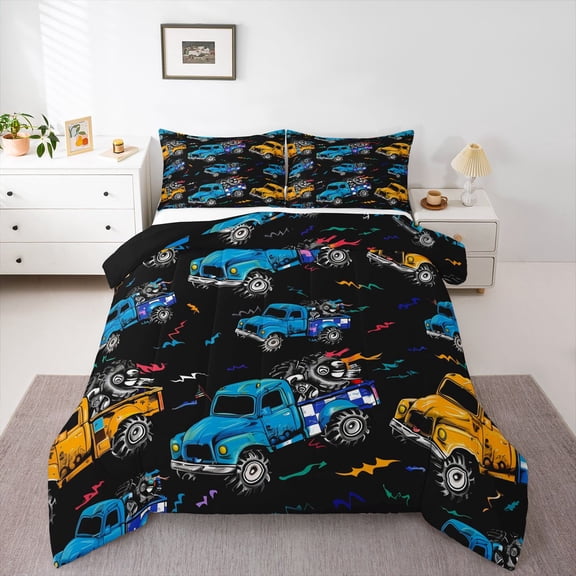 Manfei Teens Cartoon Truck Bedding Comforter Set 2pcs,Car Theme Twin Comforter Sets Microfiber,Transportation Theme Breathable Bedding Set,Super Cozy Room Decor,Reversible