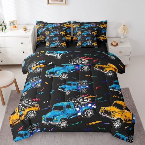 Manfei Teens Cartoon Truck Bedding Comforter Set 7-Piece,Car Theme King Bedding Sets,Transportation Theme Ultra Soft Bed Sheets,Super Cozy Room Decor,Reversible