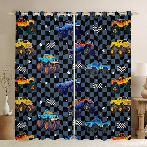 Manfei Teens Cartoon Truck Black Out Curtains, Checkered Buffalo Plaid Curtains Pack of 2 (42x63 Each), Extreme Sports Bedroom Curtains, Black Out Curtains Home Decor