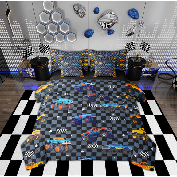 Manfei Teens Cartoon Truck Twin Bedding Sets 7-Piece, Checkered Buffalo Plaid Bedding Comforter Set, Extreme Sports Reversible Sheet Sets, Ultra Soft Home Decor