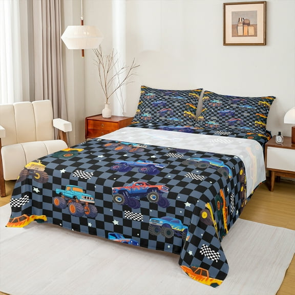 Manfei Teens Cartoon Truck Twin Sheet Sets, Checkered Buffalo Plaid Twin Fitted Sheet, Extreme Sports Flat Sheet, Ultra Soft Home Decor, 3-Piece