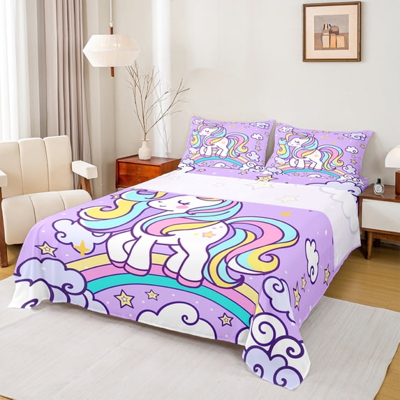 Manfei Teens Cartoon Unicorn Full Size Sheets, Kawaii Cute Animal Bed Sheets, Rainbow Stars Cloud Sheet Sets, Luxury Bedroom Decor, 4 Pieces