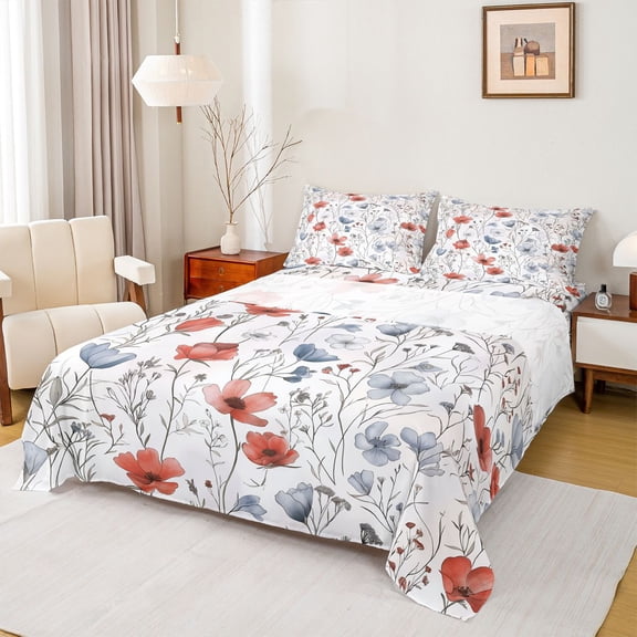 Manfei Teens Chic Flowers Girl 3pcs Twin Sheet Sets,Botanical Plants Twin Fitted Sheet,Spring Graden Breathable Flat Sheet,Microfiber Bedroom Decor