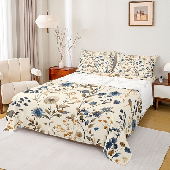 Manfei Teens Chic Flowers Girl 3pcs Twin Sheet Sets,Botanical Plants Twin Fitted Sheet,Spring Graden Breathable Flat Sheet,Microfiber Bedroom Decor