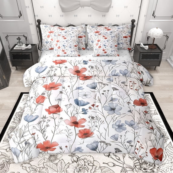 Manfei Teens Chic Flowers Girl 7pcs Bedding Comforter Set,Botanical Plants Queen Bedding Sets Super Cozy,Spring Graden Queen Sheet Sets,Microfiber Bedroom Decor