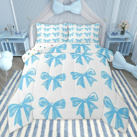 Manfei Teens Children Cartoon Ribbon Bowtie 2pcs Bedding Comforter Set,Blue White Bow Twin Comforter Sets,Kawaii Bowknot Breathable Bedding Set,Ultra Soft Home Decor,Reversible